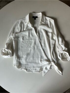 BCX White Tie Wrap Front Collared Blouse, Size Medium